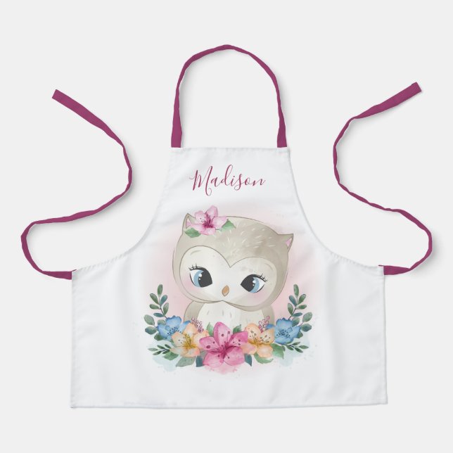 Delantal Cute acuarela Modern Owl Kids Nombre Personalizado (Anverso)