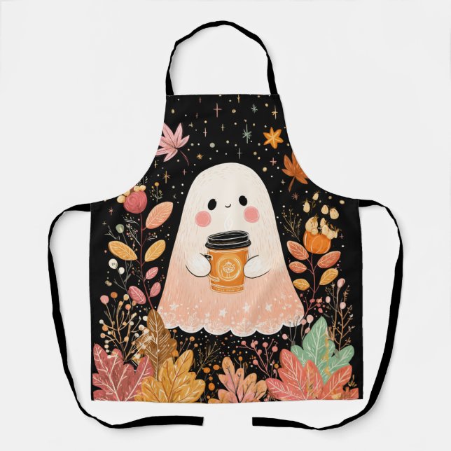 Delantal Cute Autumn Ghost with Pumpkin Coffee – Cozy Fall  (Anverso)