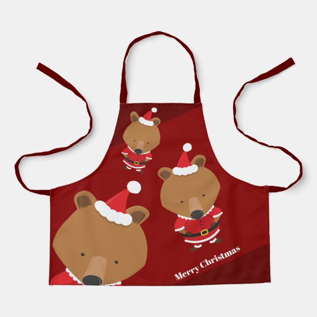 Delantal Cute Bear Santa Burgundy Feliz Apron navideño (Anverso)