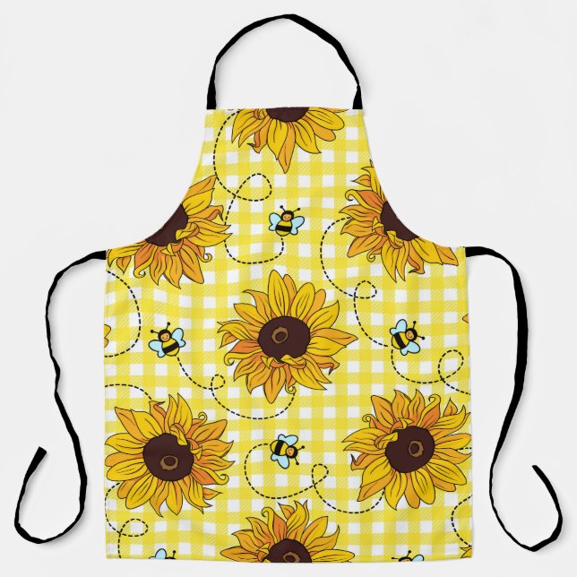Delantal Cute bees and sunflowers on a checkered background (Anverso)
