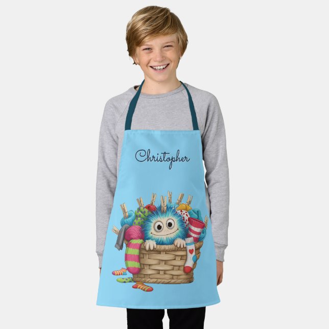 Delantal Cute Blue Fluffy Sock Monster Kids Design (Gastado)