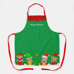 Delantal Cute Christmas Elf Squad y poinsettias en verde
