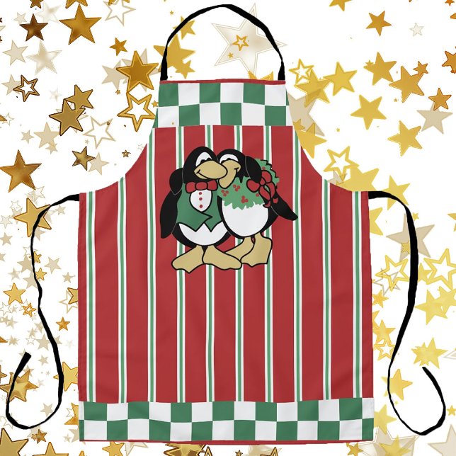 Delantal Cute Christmas Penguin Couple In Love Red Striped (Subido por el creador)