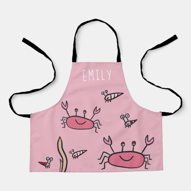 Delantal Cute Crab Rosa Animales Del Mar Chica Nombre Apron (Anverso)