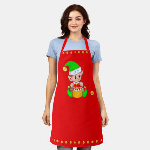 Delantal Cute duende de Navidad y confeti dorado en rojo