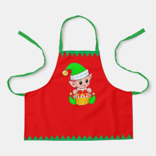 Delantal Cute duende de Navidad y rayas verdes en rojo