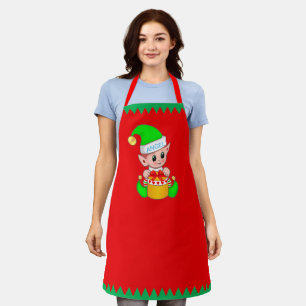 Delantal Cute duende de Navidad y rayas verdes sobre rojo