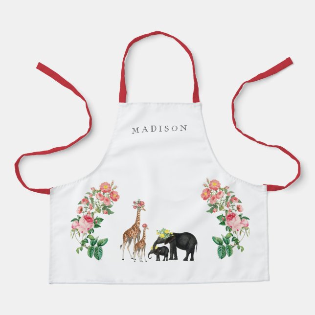 Delantal Cute Elephant & Giraffe Floral Nombre personalizad (Anverso)