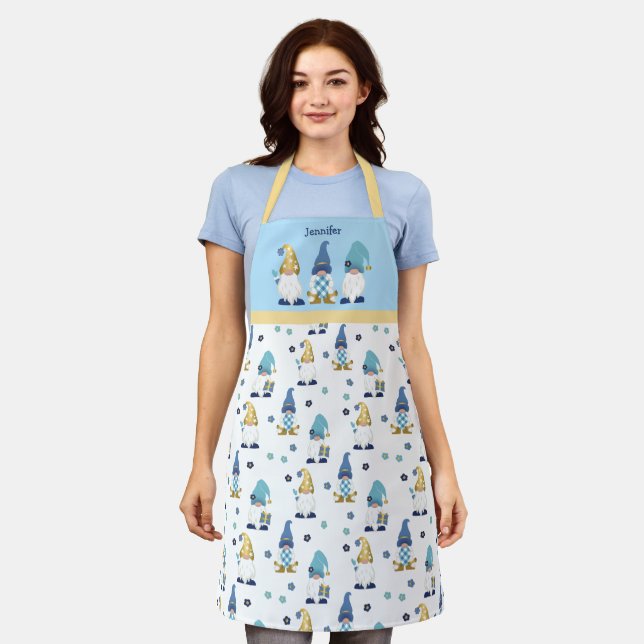 Delantal Cute Garden Gnomes Gold Blue Gingham (Gastado)