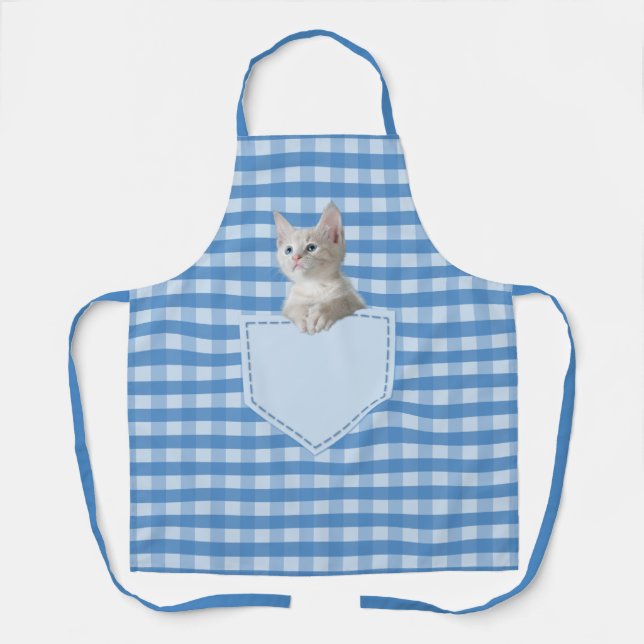 Delantal Cute gatito ilusión de bolsillo falso cheque azul  (Anverso)