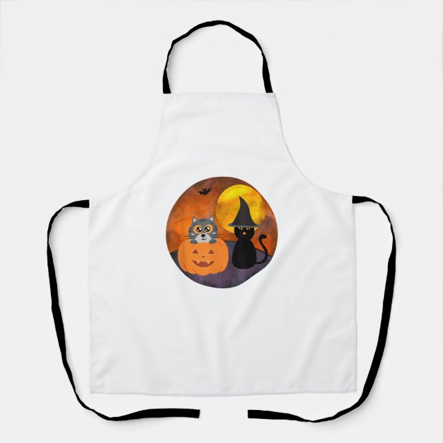 Delantal Cute Halloween Cat Scene Witch Pumpkin Bat Full Mo (Anverso)