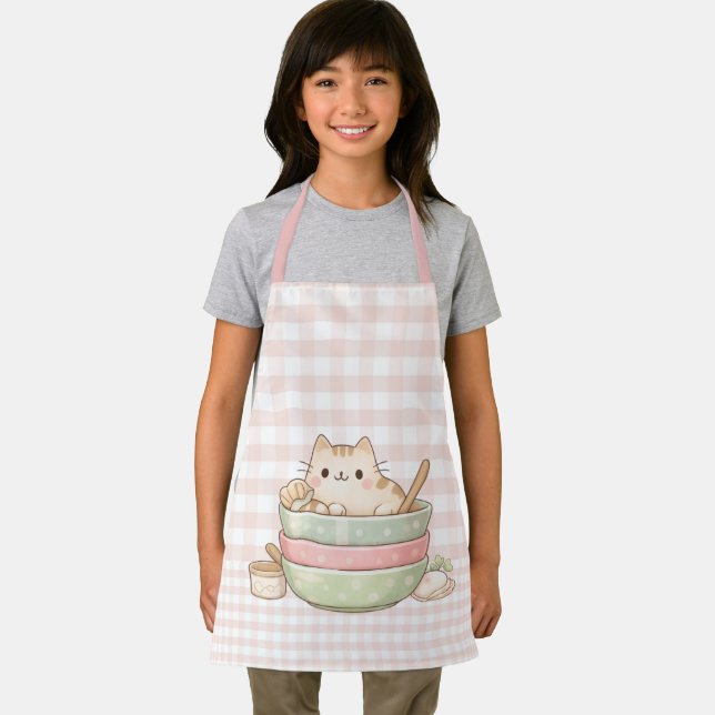 Delantal Cute Kawaii Kitty Cat Baking Pastel Gingham Pink (in situ)