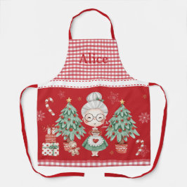 Delantal Cute Mrs Claus Tree Gingerbread Man Red Gingham