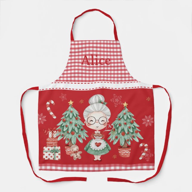 Delantal Cute Mrs Claus Tree Gingerbread Man Red Gingham (Anverso)