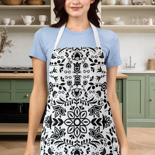 Delantal Cute pañuelo escandinavo floral blanco y negro
