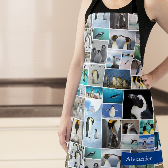 Delantal Cute Penguin Photo Collage Pattern with First Name (Subido por el creador)