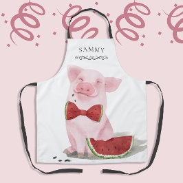 Delantal Cute Pig Eating Watermelon Monogramado