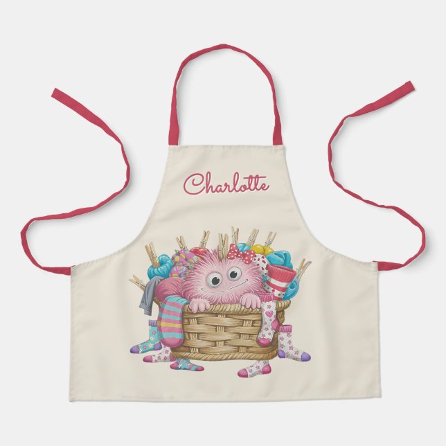Delantal Cute Pink Fluffy Sock Monster Kids Design (Anverso)