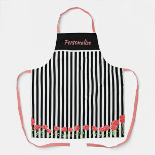 Delantal Cute rayas blancas negras Flores rosadas cocinando
