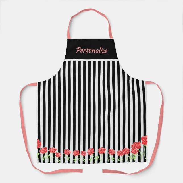 Delantal Cute rayas blancas negras Flores rosadas cocinando (Anverso)