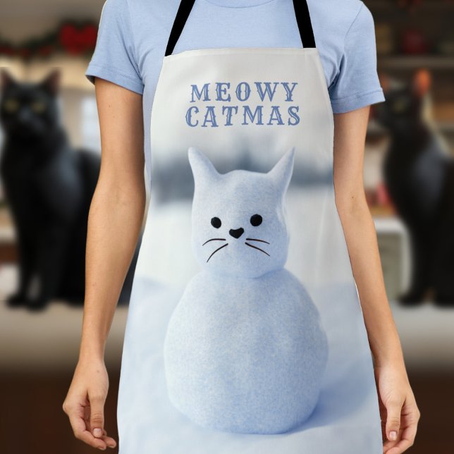 Delantal Cute Snow Cat Meowy Catmas Christmas Kitchen Apron (Meowy Catmas! A fun and festive apron to wear through the holiday season)