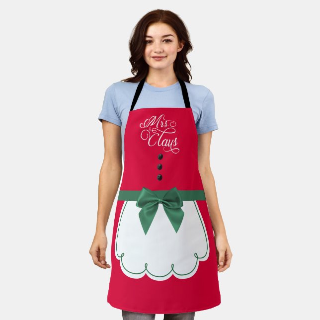Delantal Cute Sra. Claus Green Bow White Fake Apron  (Gastado)