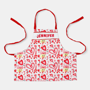 Delantal Cute Valentines Red Pink Heart Doodle Nombre Niño