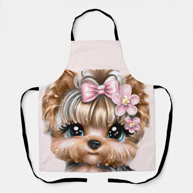 Delantal Cute Yorkie con un compadre rosado (Anverso)