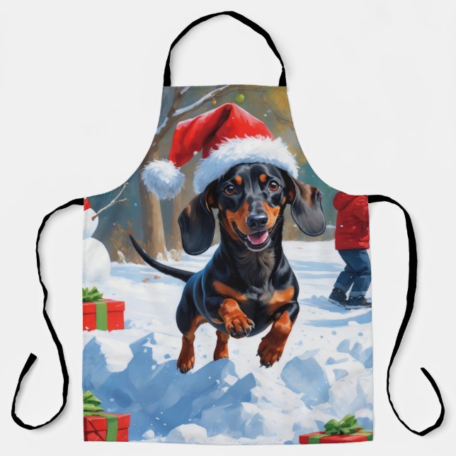 Delantal Dachshund corre en nieve con Gorra Navidad (Anverso)