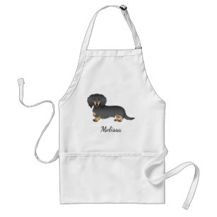 Delantal Dachshund de pelo largo negro y fuego con dibujo a
