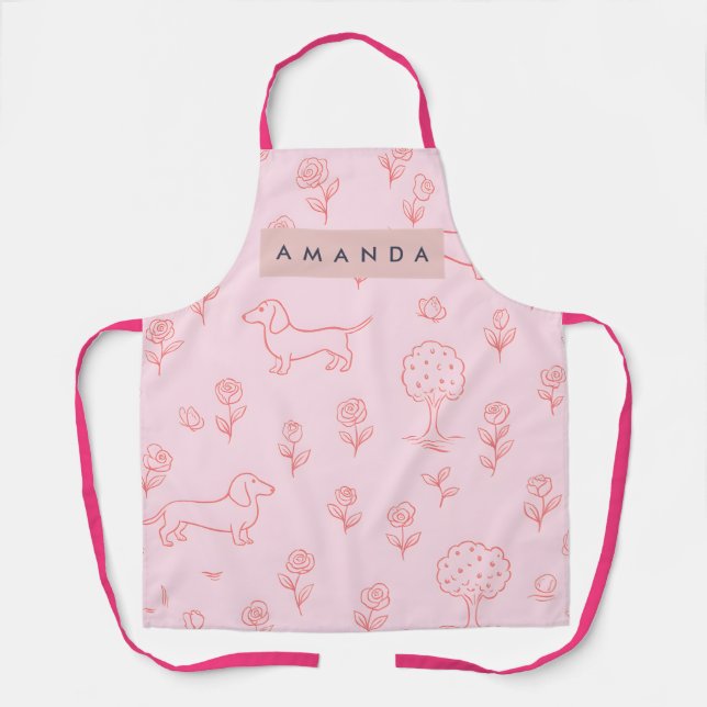 Delantal Dachshund Rosa Personalizado y Flor (Anverso)