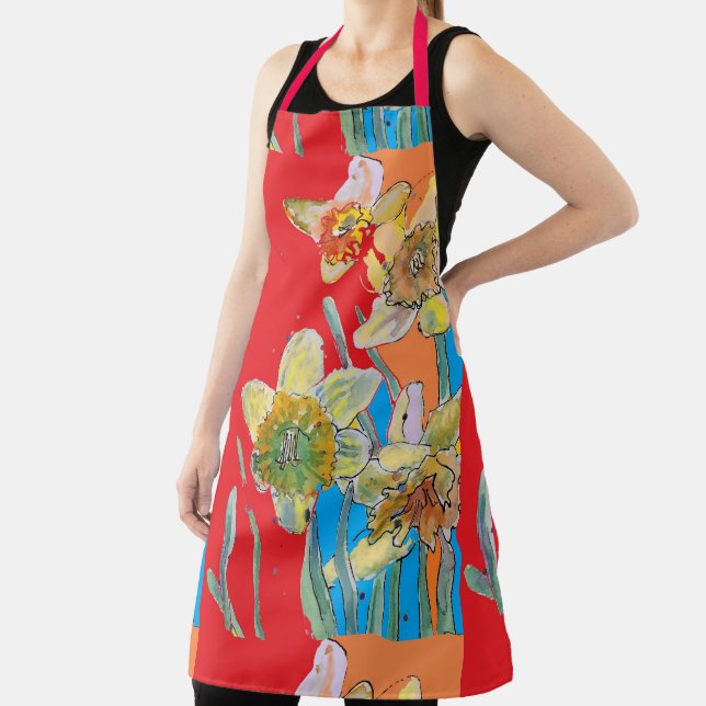 Delantal Daffodil Acuarela Rojo Flor Amarilla floral Apron (in situ)