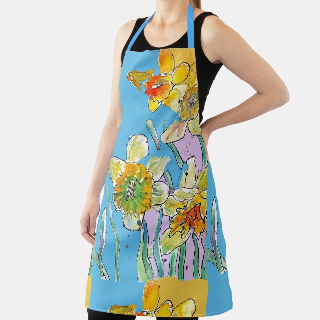 Delantal Daffodil Watercolor Flower Blue floral Apron (in situ)