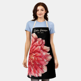 Delantal Dahlia Rojo Coral Bonito Nombre de la Tienda Fecha
