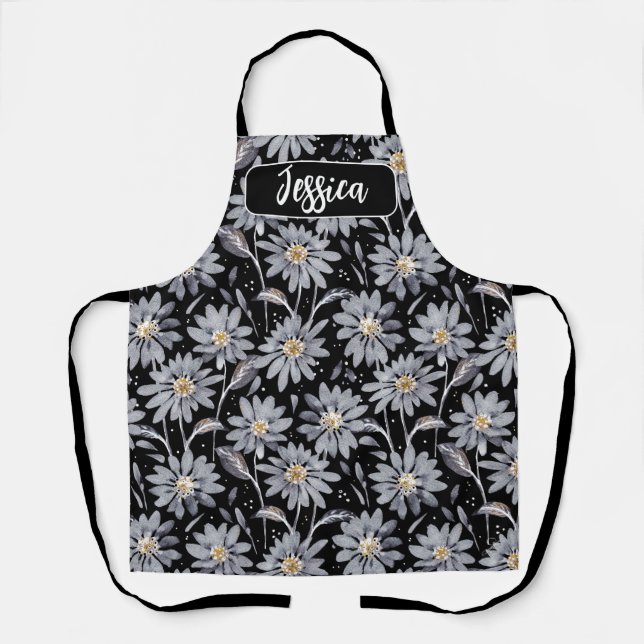 Delantal Daisies plateados sobre los negros personalizados (Anverso)