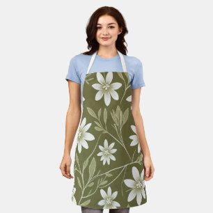Delantal Daisitas blancas tropicales en verde oliva elegant