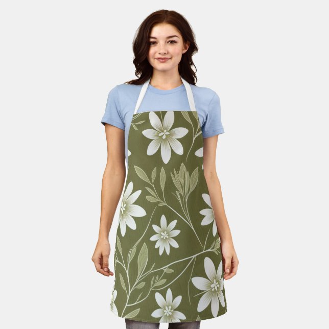 Delantal Daisitas blancas tropicales en verde oliva elegant (Gastado)