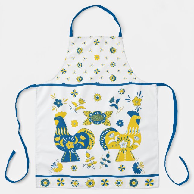 Delantal Dala folk sueco gallo azul y amarillo (Anverso)