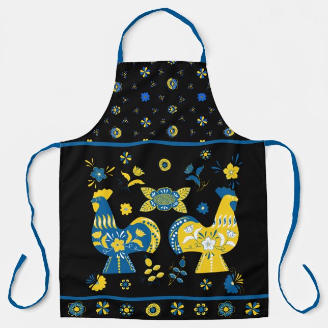 Delantal Dala folk sueco gallo azul y amarillo (Anverso)