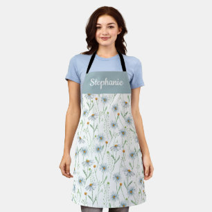 Delantal Dalia de acuarela floral azul con nombre personali