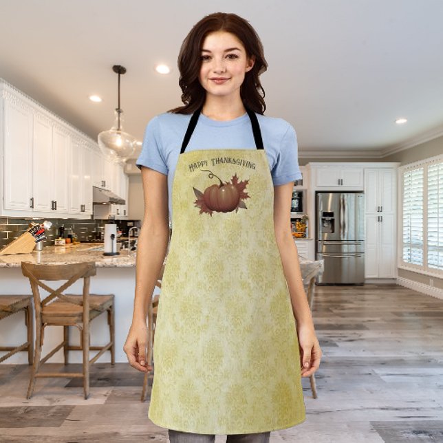 Delantal Damasco de Calabaza de Acción de Gracias | Amarill (Yellow Thanksgiving Pumpkin Damask Apron)