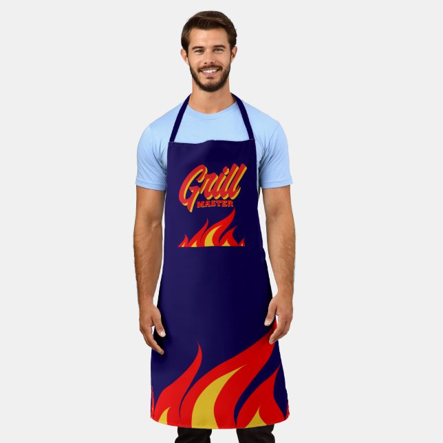 Delantal de barbacoa azul marino con llamas de fue (Gastado)