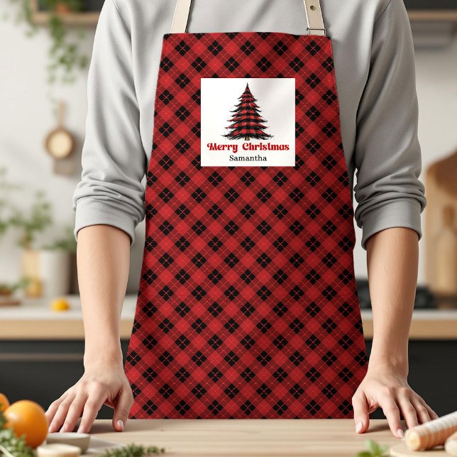 Delantal de Cabaña Rústica con árbol de Plaid de B (Rustic Cottage Buffalo Plaid Tree Custom Name Apron)