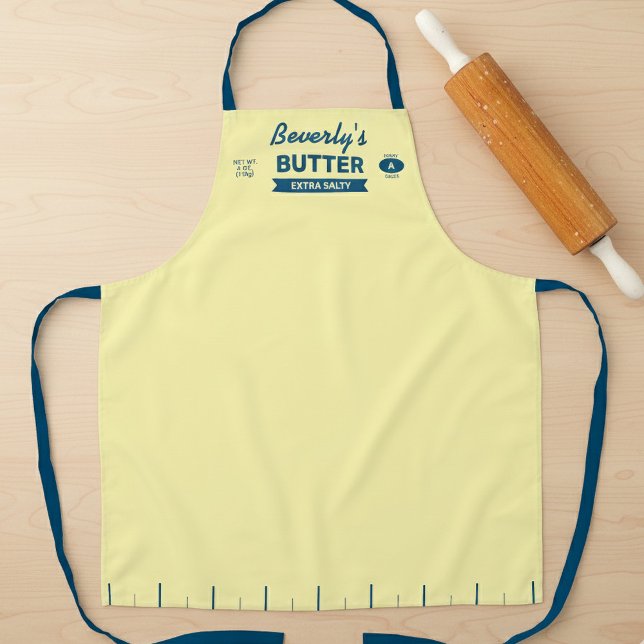 Delantal de chef de mantequilla salada personaliza (Personalize this butter yellow butter stick apron for your favorite salty baker or chef.)