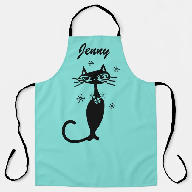 Delantal de cocina aqua con gato atómico retro (Anverso)