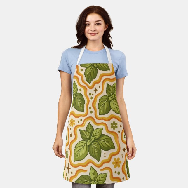 Delantal de cocina con estampado de albahaca (Gastado)