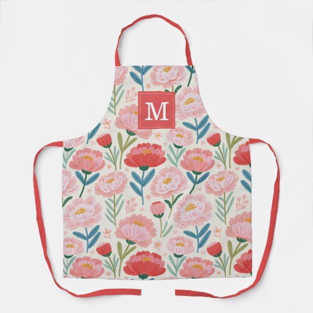 Delantal de cocina con flores de peonía sonrosadas (Anverso)