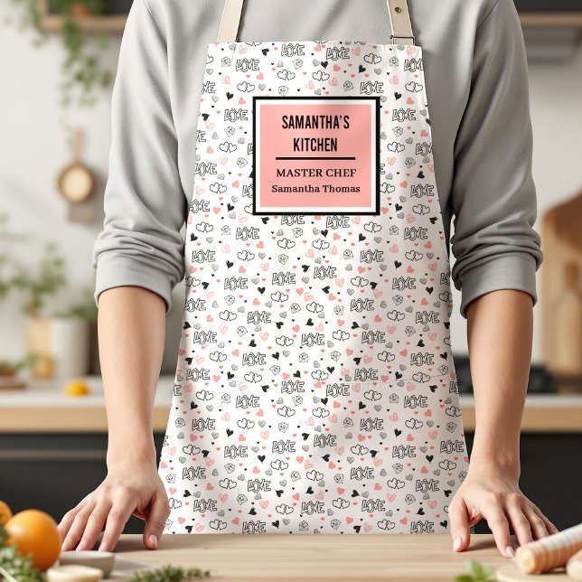 Delantal de cocina con texto de amor moderno en es (Modern Love Text Sketch Heart Kitchen Apron)