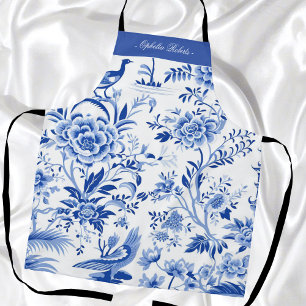 Delantal de cocina floral chinoiserie azul con nom