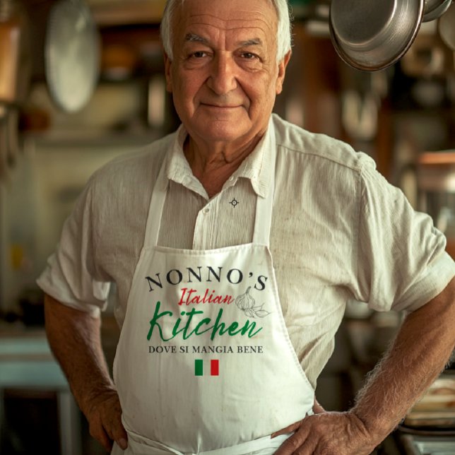 Delantal de cocina Nonno's Italian Kitchen - Dove  (White apron with “Nonno’s Italian Kitchen” in red and green script, “Dove si mangia bene” phrase, It)